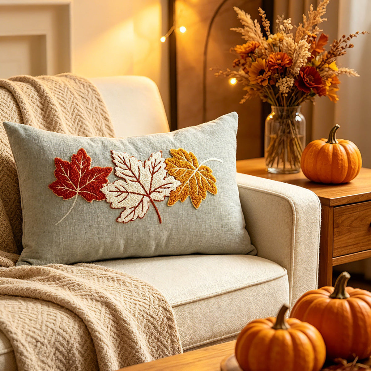 Embroidered Autumn Lumbar Cushion Cover