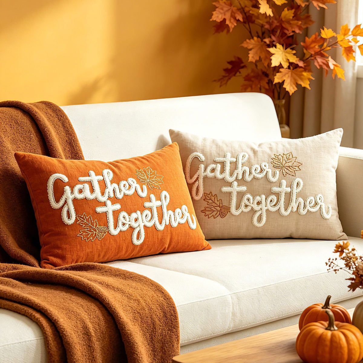 Embroidered Autumn Lumbar Cushion Cover