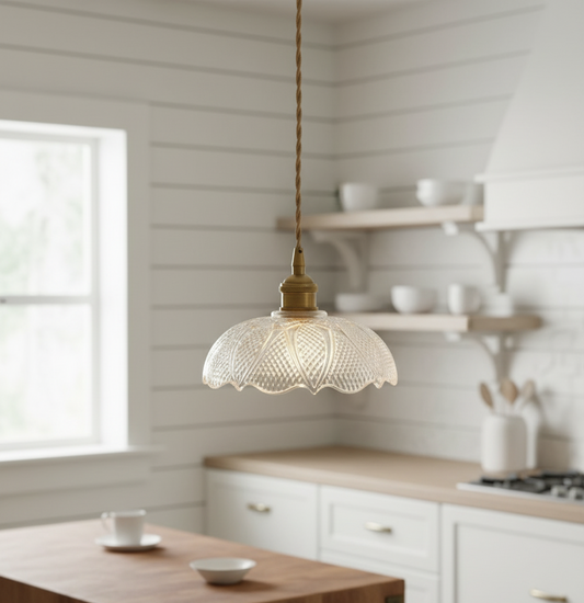 Etched Glass Pendant Light - Brass Accents & Twisted Fabric Cord - Classic Style - Image 1