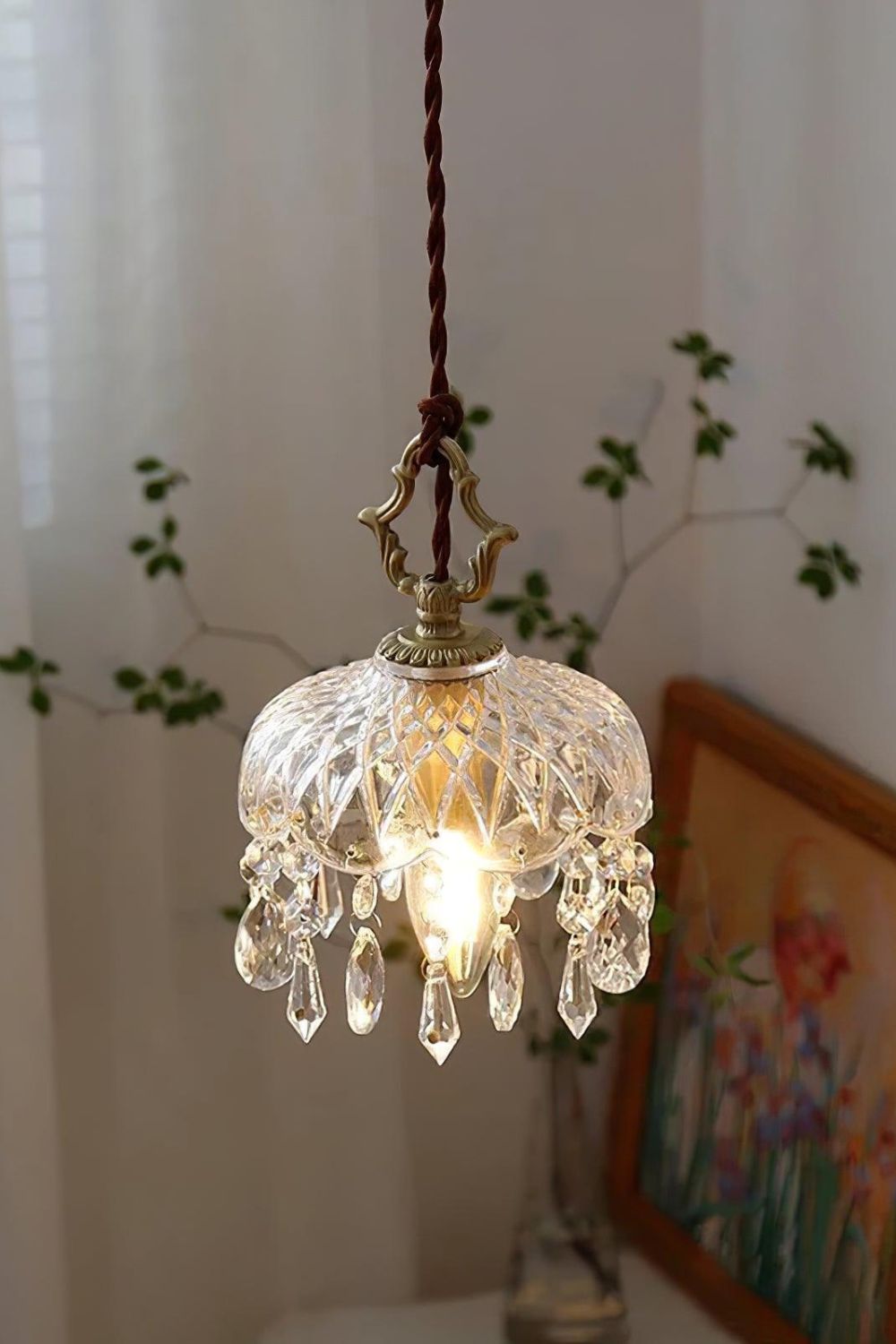 Glass Pendant Light - Crystal Chandelier Style - Copper Accents - Vintage Charm - Image 1