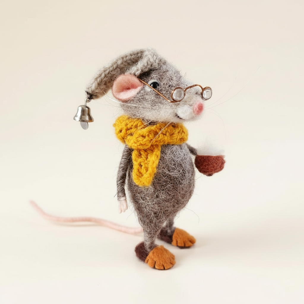 Handmade Felted Wool Mouse Decoration - Holiday Ornament