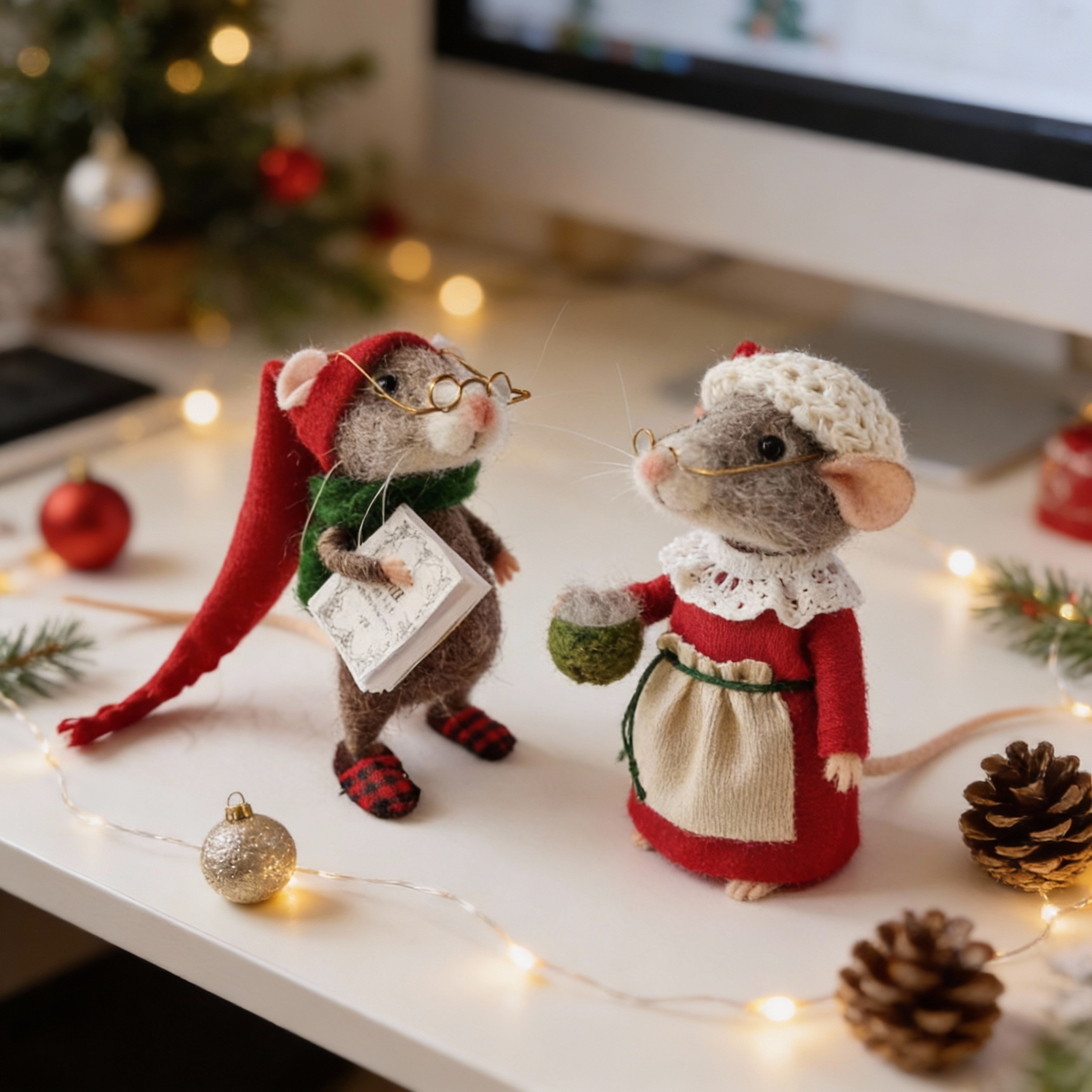 Handmade Felted Wool Mouse Decoration - Holiday Ornament
