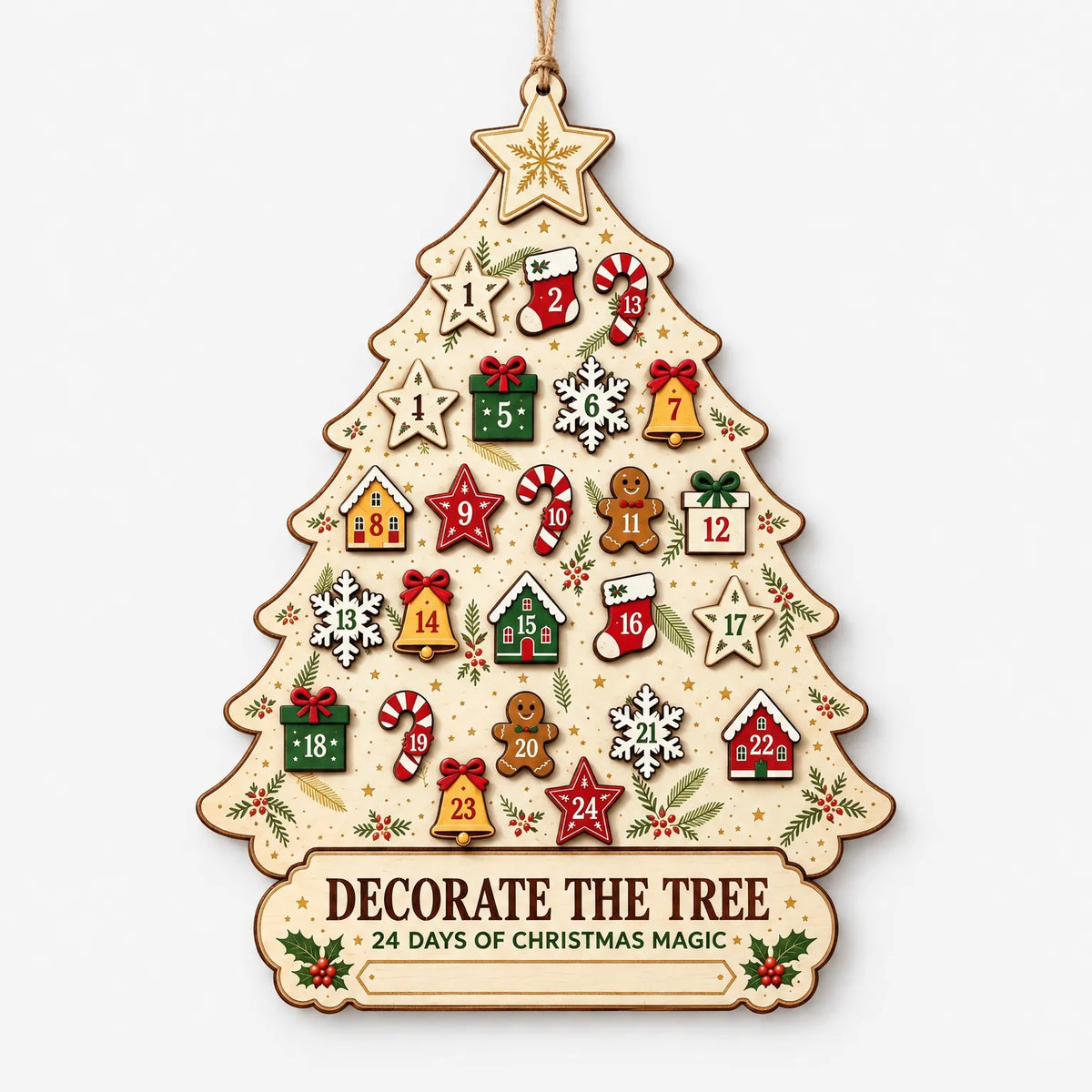 Hanging Wooden Advent Calendar – Reusable Christmas Tree Wall Calendar with 24 Wooden Ornaments