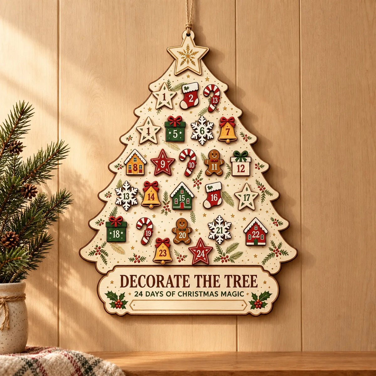 Hanging Wooden Advent Calendar – Reusable Christmas Tree Wall Calendar with 24 Wooden Ornaments
