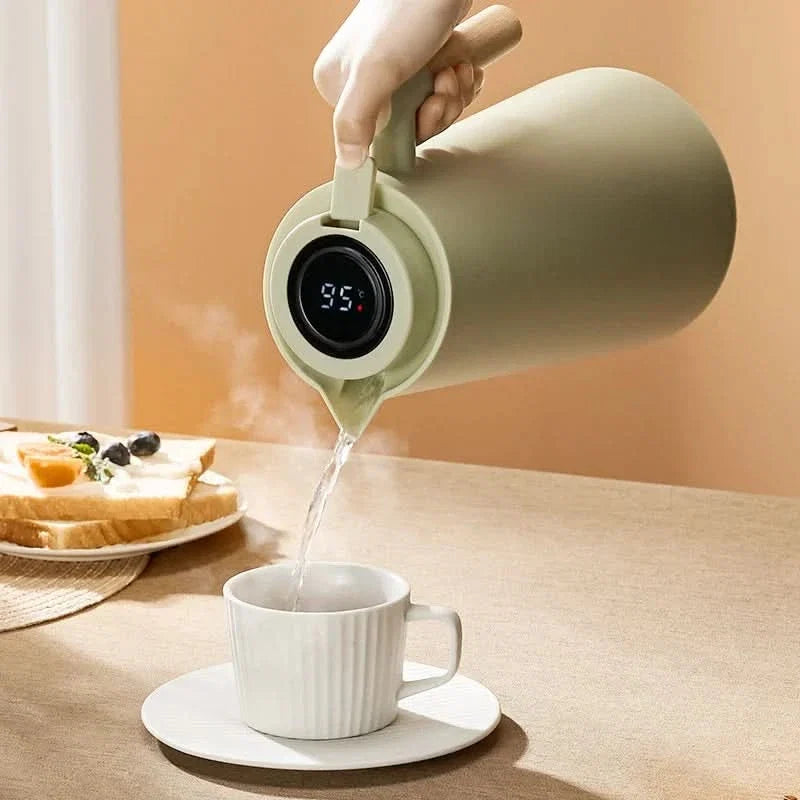 Insulated Glass Thermal Jug with Temperature Display & Wooden Handle