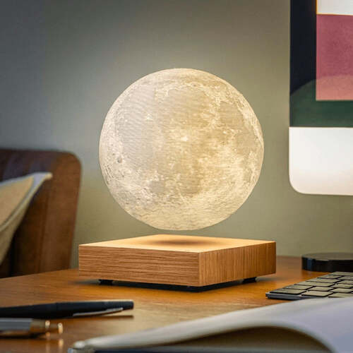 Levitating Moon Table Lamp - Floating Lunar Night Light - Light Brown Wood Base - Modern Decor - Image 1