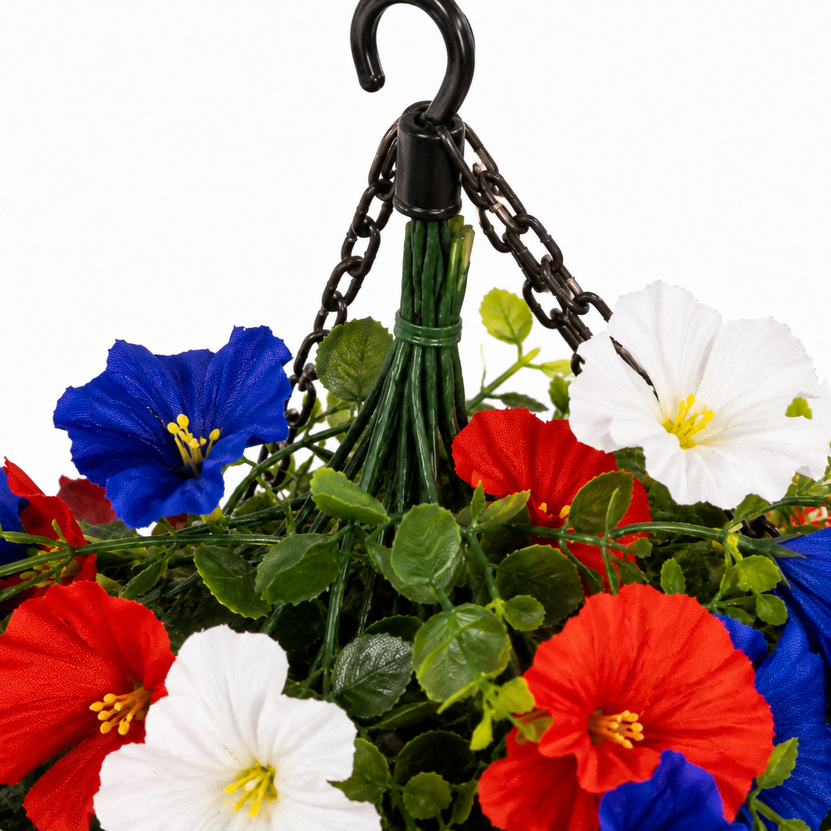 Liberty Bloom Patriotic Hanging Flower Basket with LED Lights, Red, White, and Blue Silk Blooms for July 4th Porch Decor
