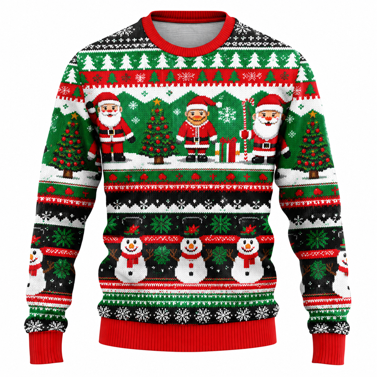 Men's Christmas Sweater with Santa, Snowman & Snow-Covered Tree Print | Crew Neck, Straight Fit & Ribbed Cuffs