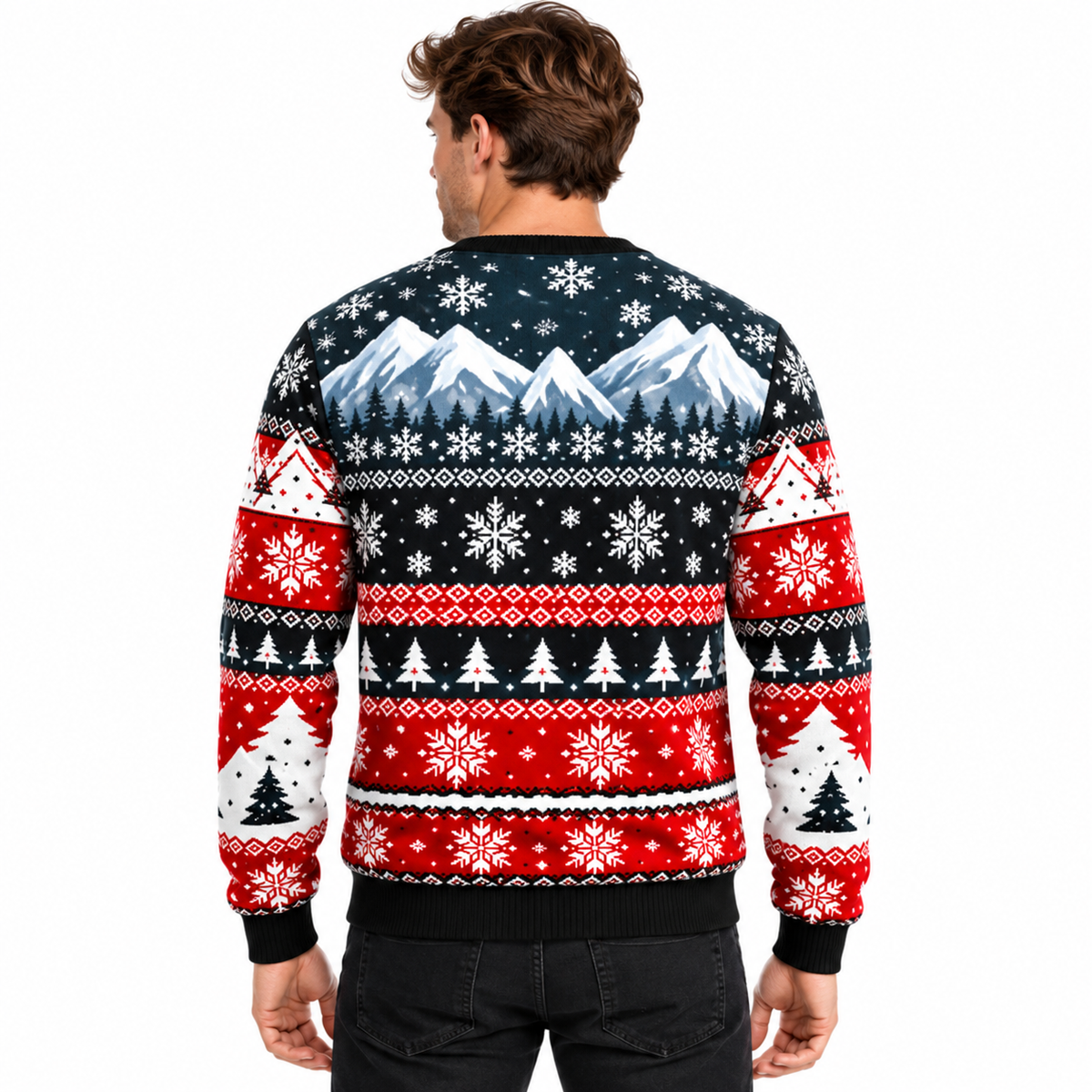Men's Christmas Sweater with Santa, Snowman & Snow-Covered Tree Print | Crew Neck, Straight Fit & Ribbed Cuffs