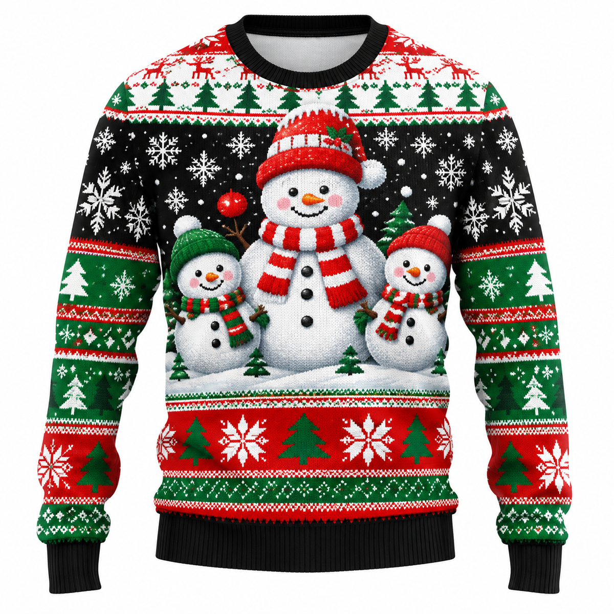 Men's Christmas Sweater with Santa, Snowman & Snow-Covered Tree Print | Crew Neck, Straight Fit & Ribbed Cuffs