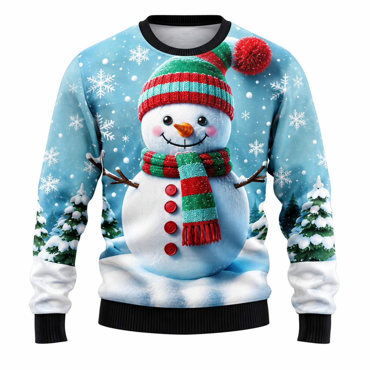 Men's Christmas Sweater with Santa, Snowman & Snow-Covered Tree Print | Crew Neck, Straight Fit & Ribbed Cuffs