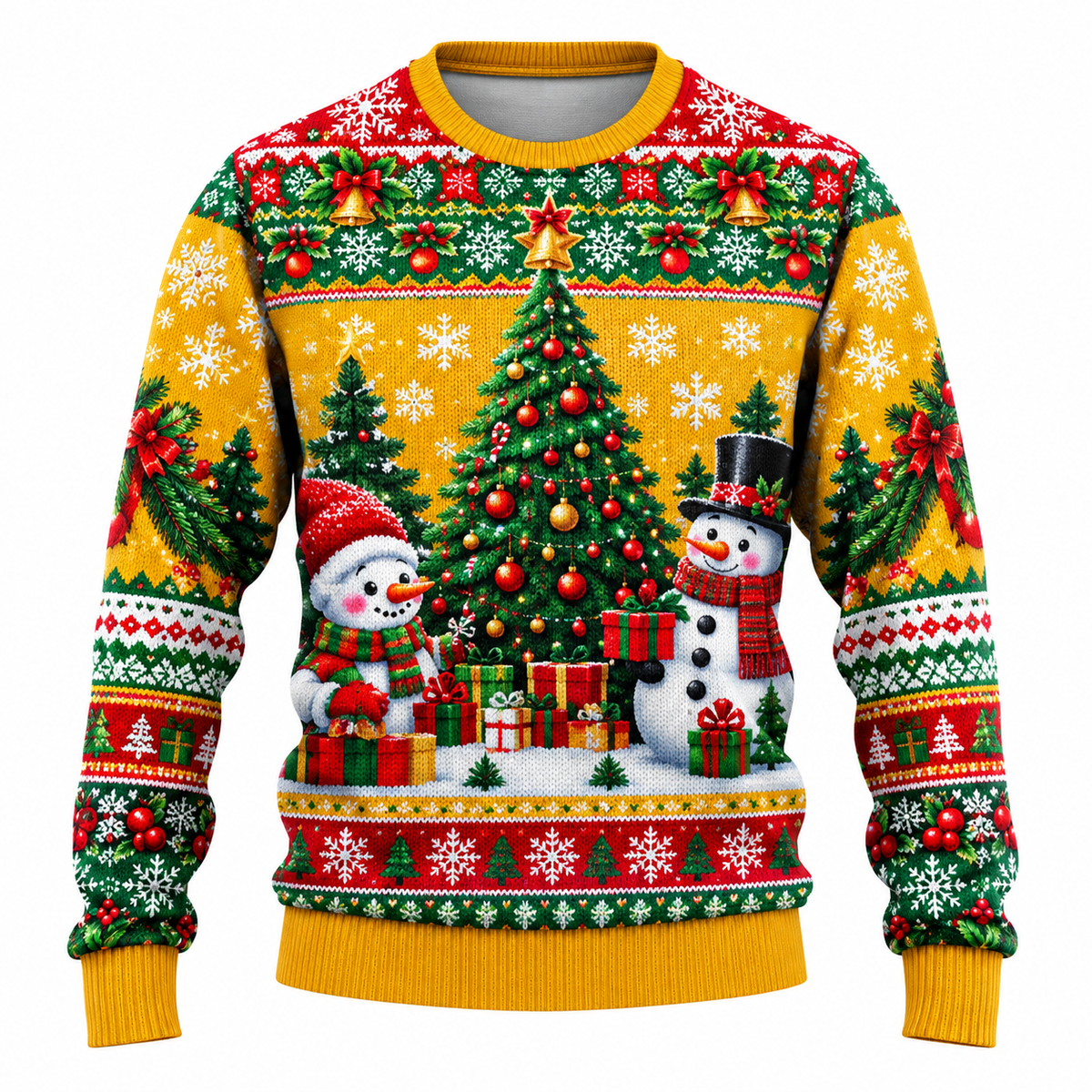 Men's Christmas Sweater with Santa, Snowman & Snow-Covered Tree Print | Crew Neck, Straight Fit & Ribbed Cuffs