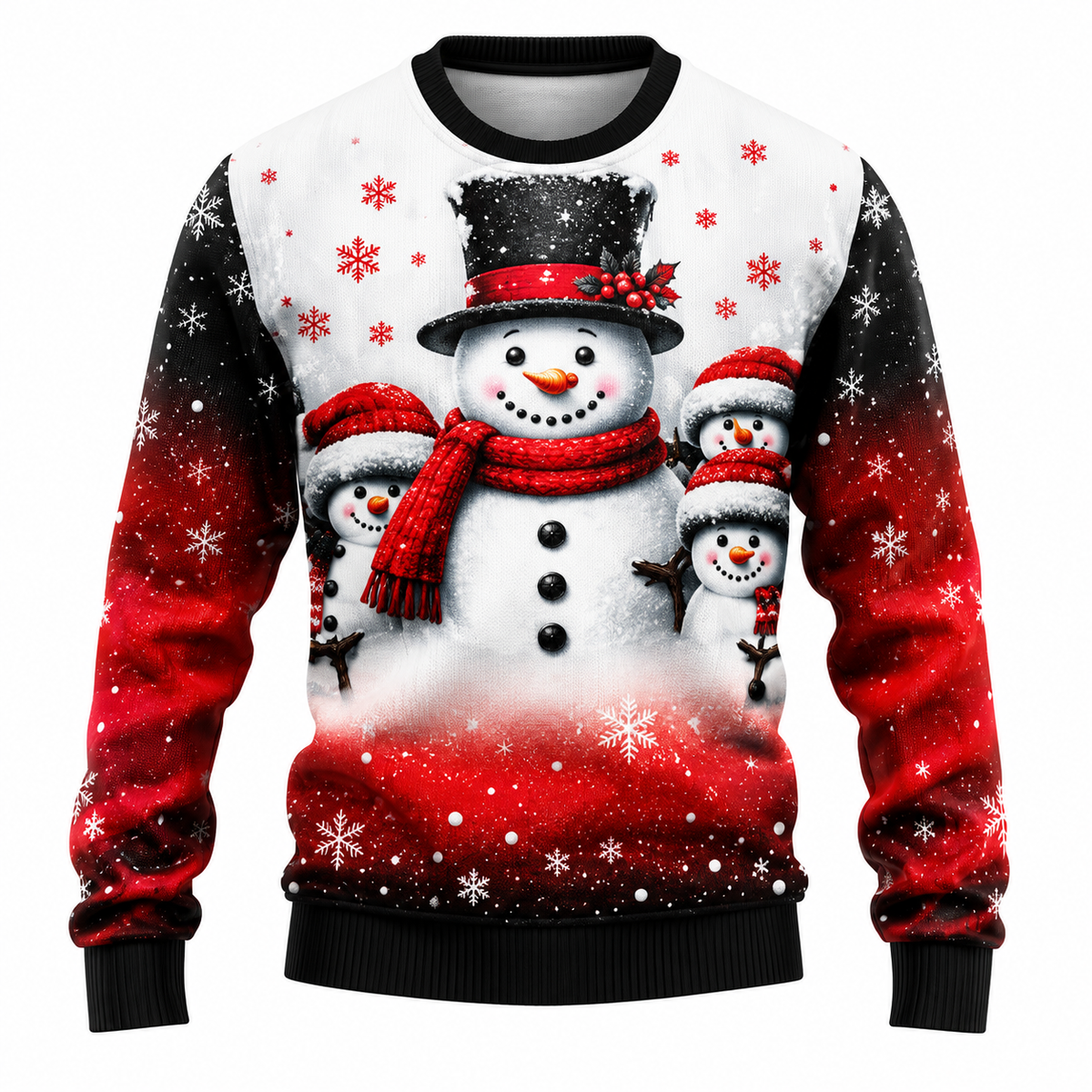Men's Christmas Sweater with Santa, Snowman & Snow-Covered Tree Print | Crew Neck, Straight Fit & Ribbed Cuffs