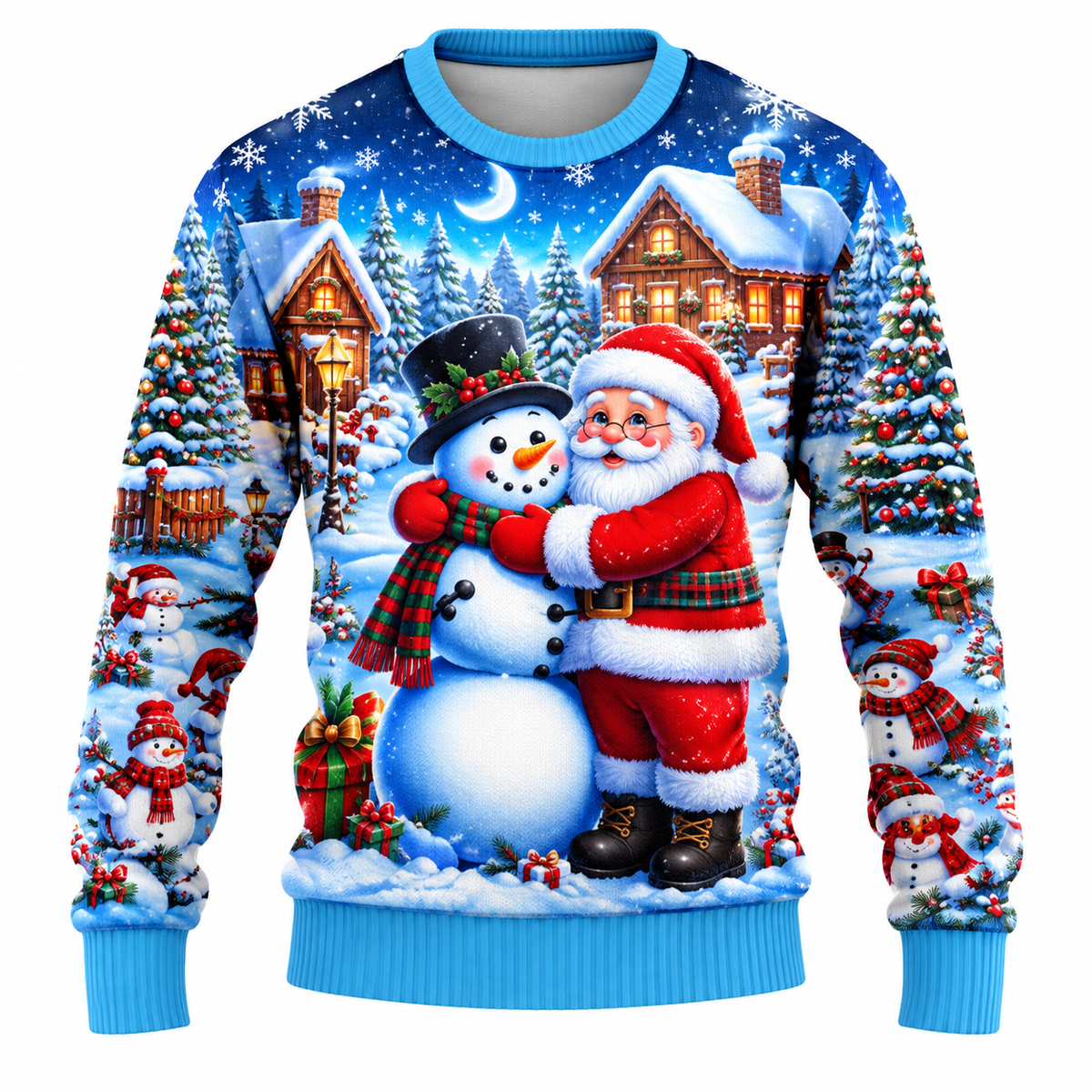 Men's Christmas Sweater with Santa, Snowman & Snow-Covered Tree Print | Crew Neck, Straight Fit & Ribbed Cuffs