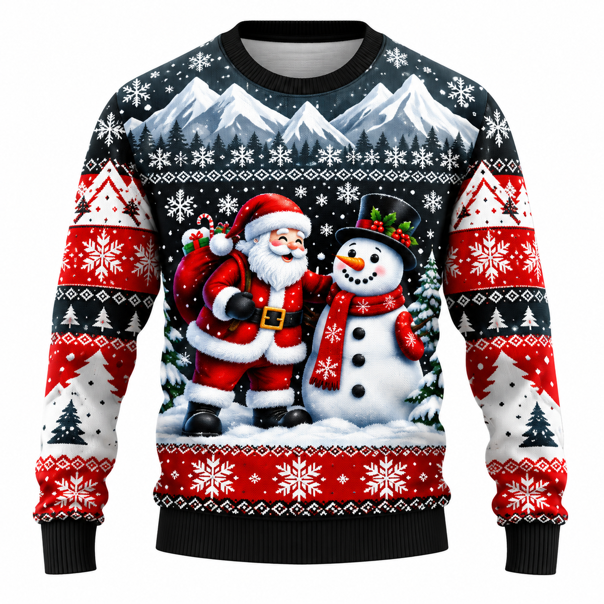 Men's Christmas Sweater with Santa, Snowman & Snow-Covered Tree Print | Crew Neck, Straight Fit & Ribbed Cuffs