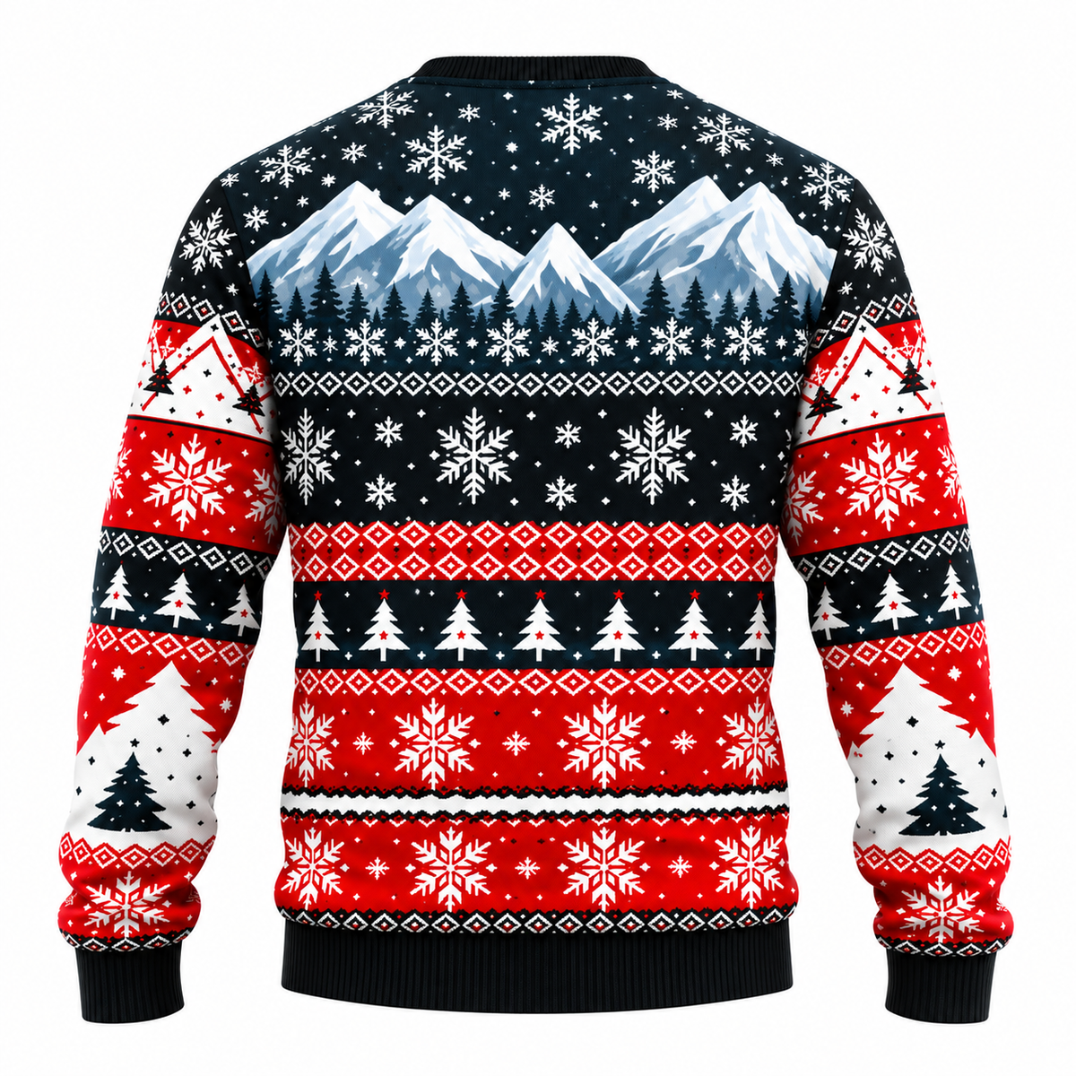 Men's Christmas Sweater with Santa, Snowman & Snow-Covered Tree Print | Crew Neck, Straight Fit & Ribbed Cuffs