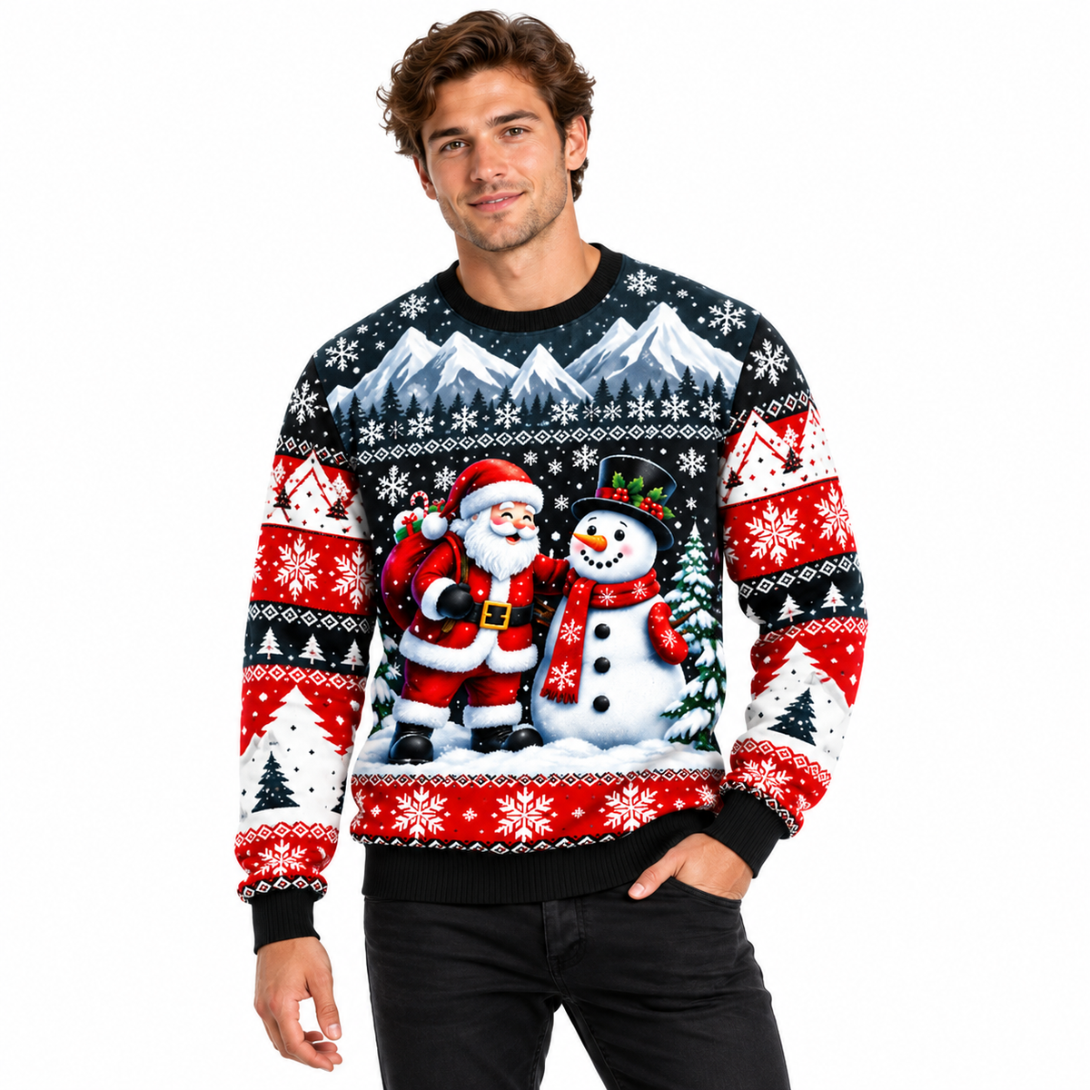 Men's Christmas Sweater with Santa, Snowman & Snow-Covered Tree Print | Crew Neck, Straight Fit & Ribbed Cuffs