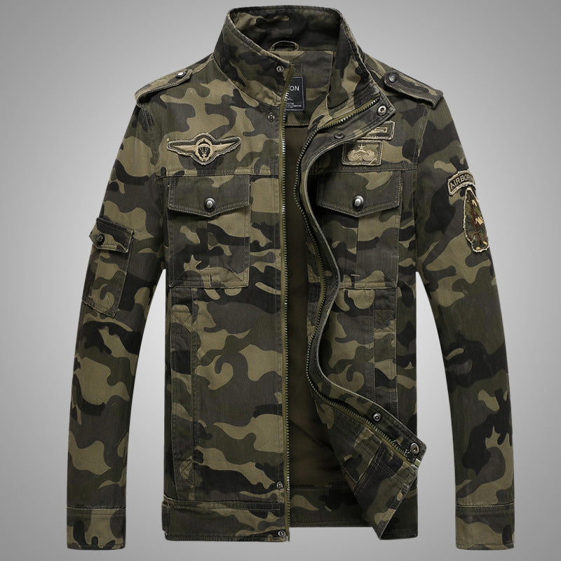 Men's Durable Canvas Camouflage Field Jacket with Epaulettes, Stand Collar, and Multiple Pockets