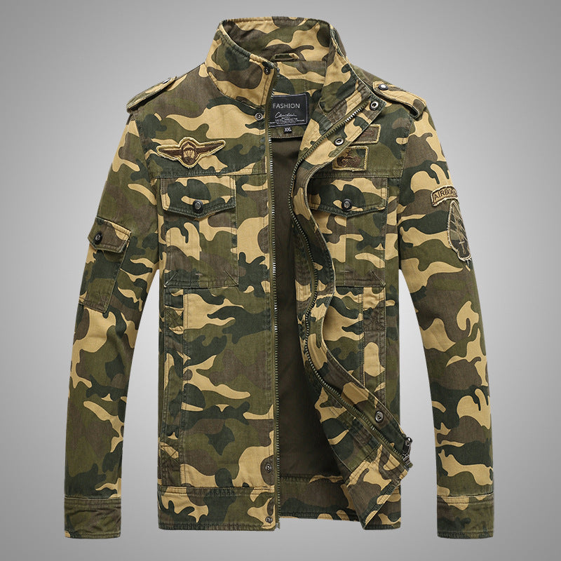 Men's Durable Canvas Camouflage Field Jacket with Epaulettes, Stand Collar, and Multiple Pockets