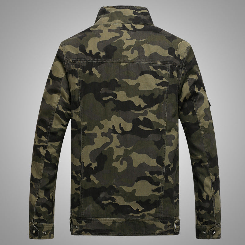 Men's Durable Canvas Camouflage Field Jacket with Epaulettes, Stand Collar, and Multiple Pockets