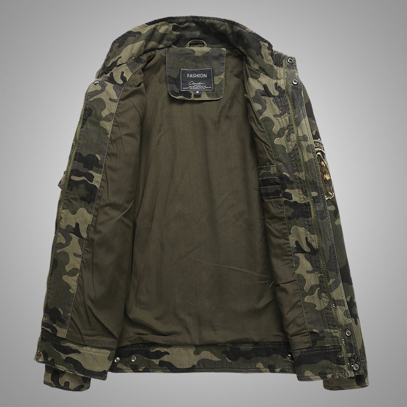 Men's Durable Canvas Camouflage Field Jacket with Epaulettes, Stand Collar, and Multiple Pockets