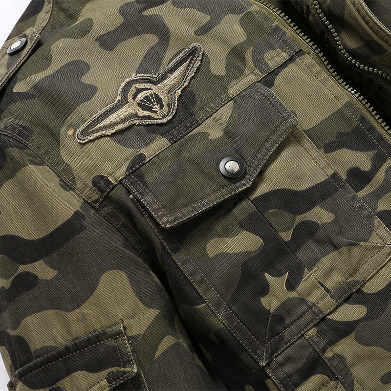 Men's Durable Canvas Camouflage Field Jacket with Epaulettes, Stand Collar, and Multiple Pockets