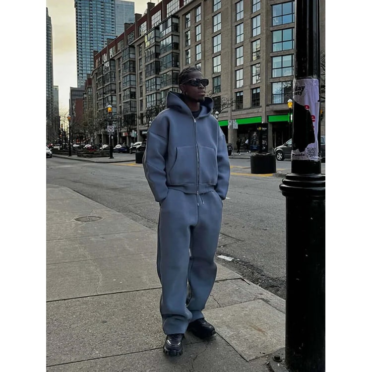 Men's Oversized Tracksuit Set with Zip Hoodie and Wide-Leg Sweatpants