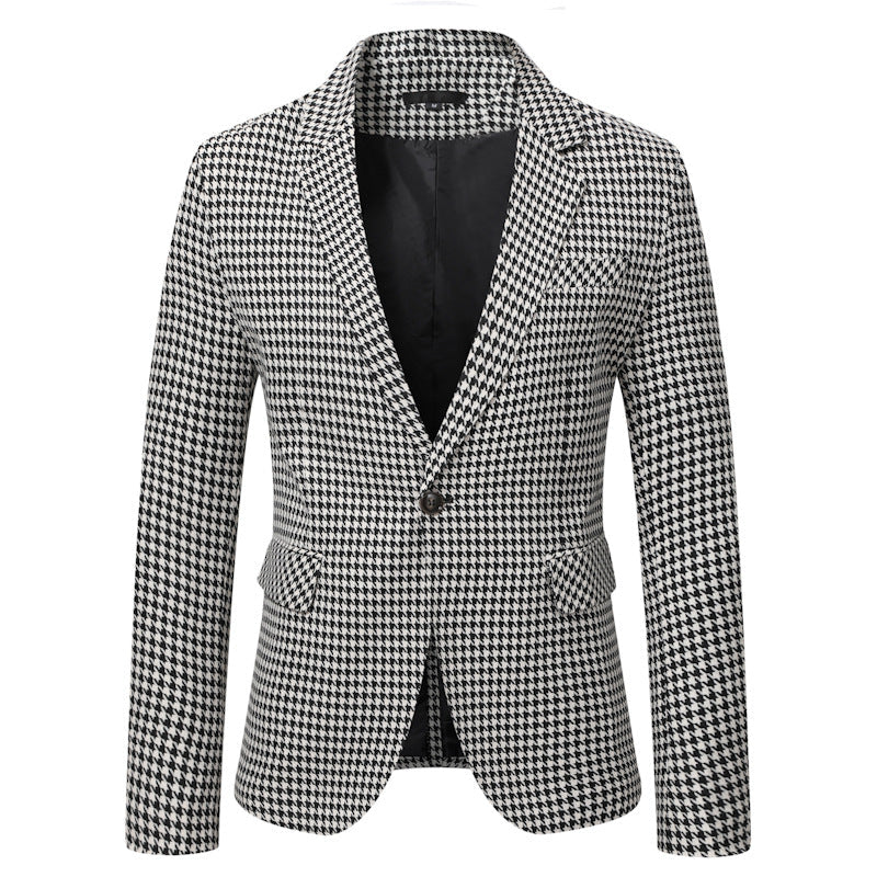 Men's Tailored Houndstooth Blazer with Lapel Collar and Flap Pockets
