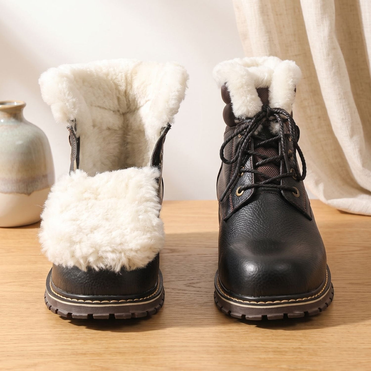 Men's Wool-Lined Genuine Leather Lace-Up Winter Boots