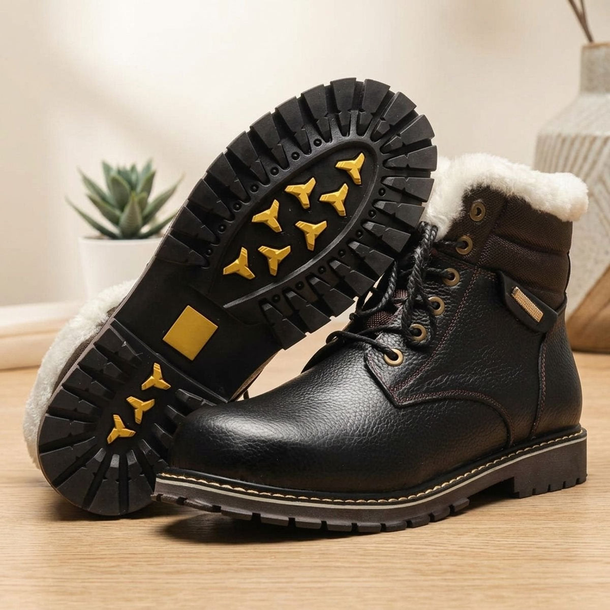 Men's Wool-Lined Genuine Leather Lace-Up Winter Boots