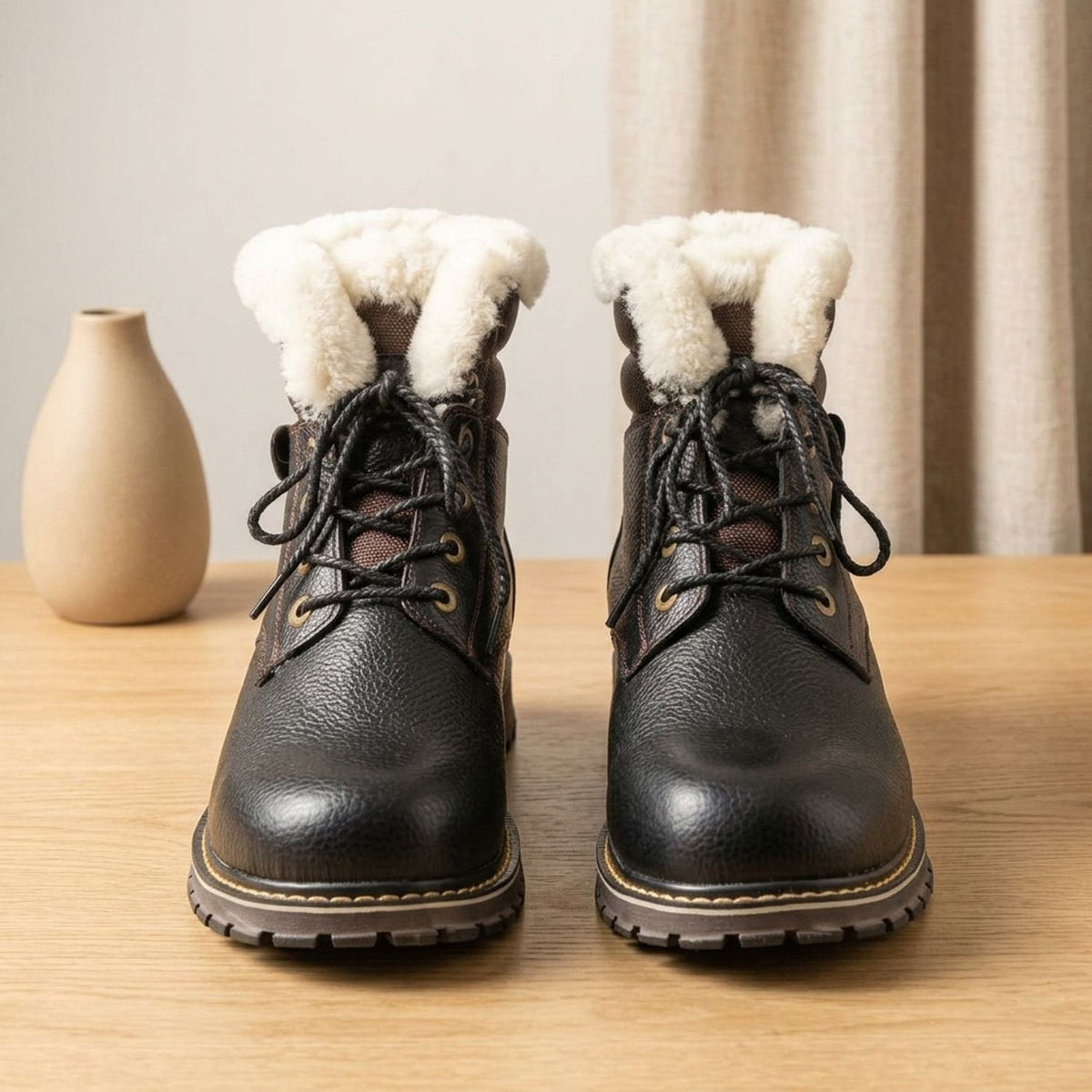 Men's Wool-Lined Genuine Leather Lace-Up Winter Boots