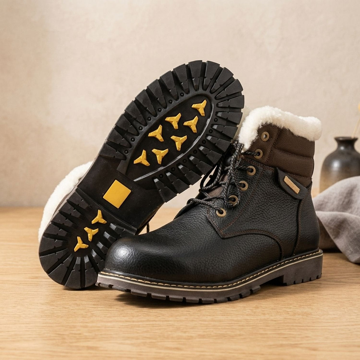 Men's Wool-Lined Genuine Leather Lace-Up Winter Boots