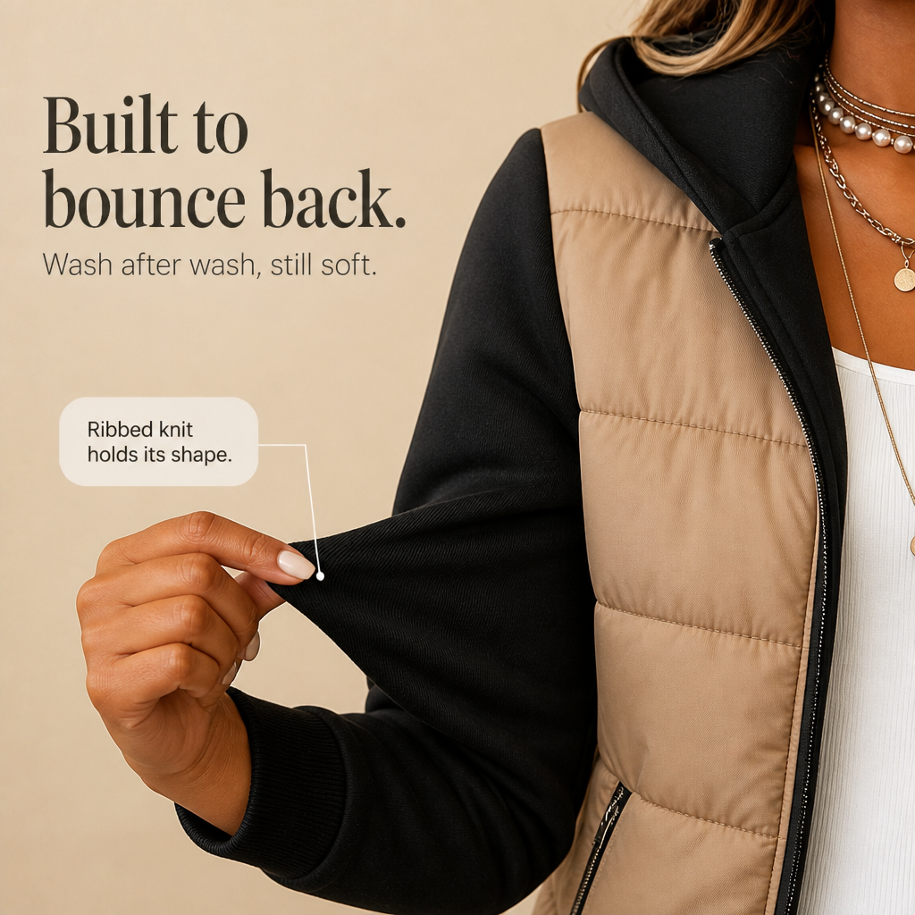 Mixed-Media Quilted Puffer Knit-Sleeve Jacket