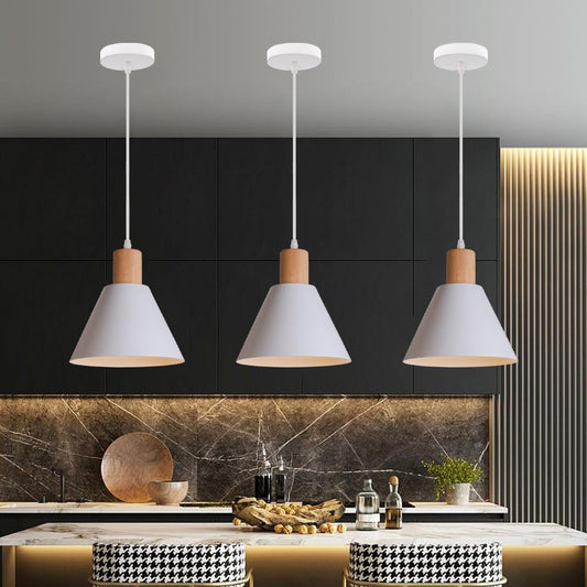 Modern Cone Pendant Light - Wood Accent - Iron Shade - Stylish Lighting - Image 1