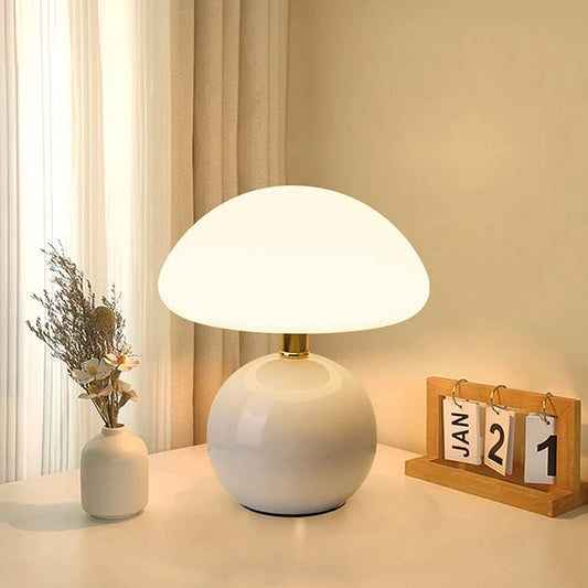 Mushroom Table Lamp - Bauhaus Style - Glass Shade & Ceramic Base - Image 1