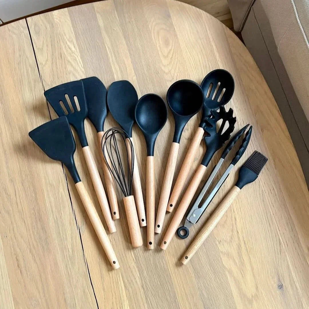 Non-Toxic BPA-Free Silicone Cooking Utensil Set with Wooden Handles Lattea