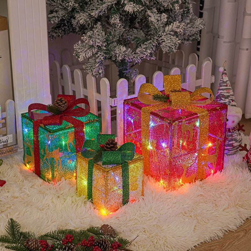 Pre-Lit Christmas Gift Boxes Outdoor Decoration - Set of 3 with LED Lights