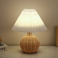 Rattan Sphere Table Lamp - Stylish Pleated Fabric Shade - Conic Design - USB Powered