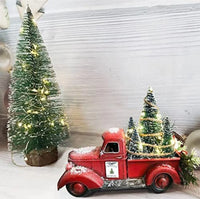 Red Truck Tabletop Christmas Decoration with Bottle Brush Trees and LED Lights
