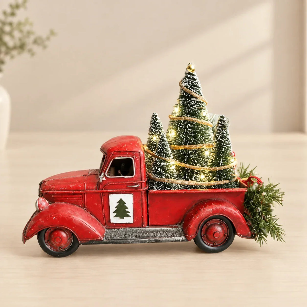 Red Truck Tabletop Christmas Decoration with Bottle Brush Trees and LED Lights