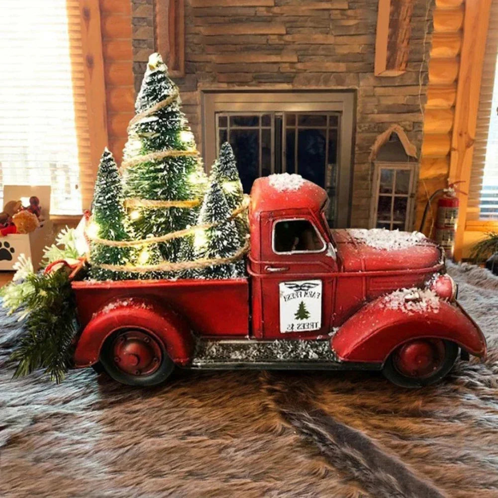 Red Truck Tabletop Christmas Decoration with Bottle Brush Trees and LED Lights