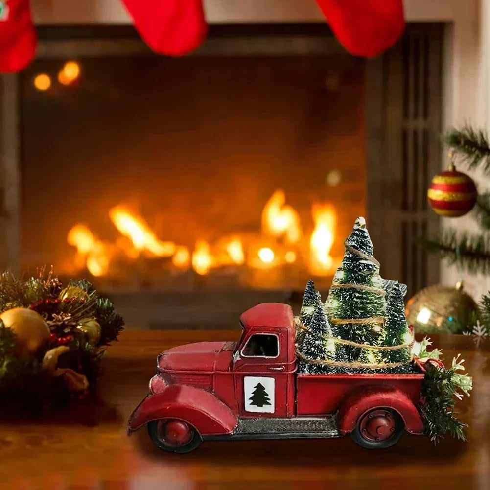 Red Truck Tabletop Christmas Decoration with Bottle Brush Trees and LED Lights