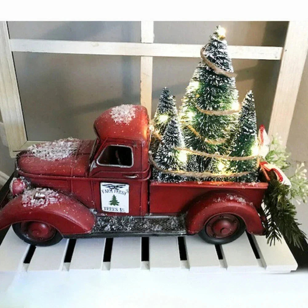 Red Truck Tabletop Christmas Decoration with Bottle Brush Trees and LED Lights