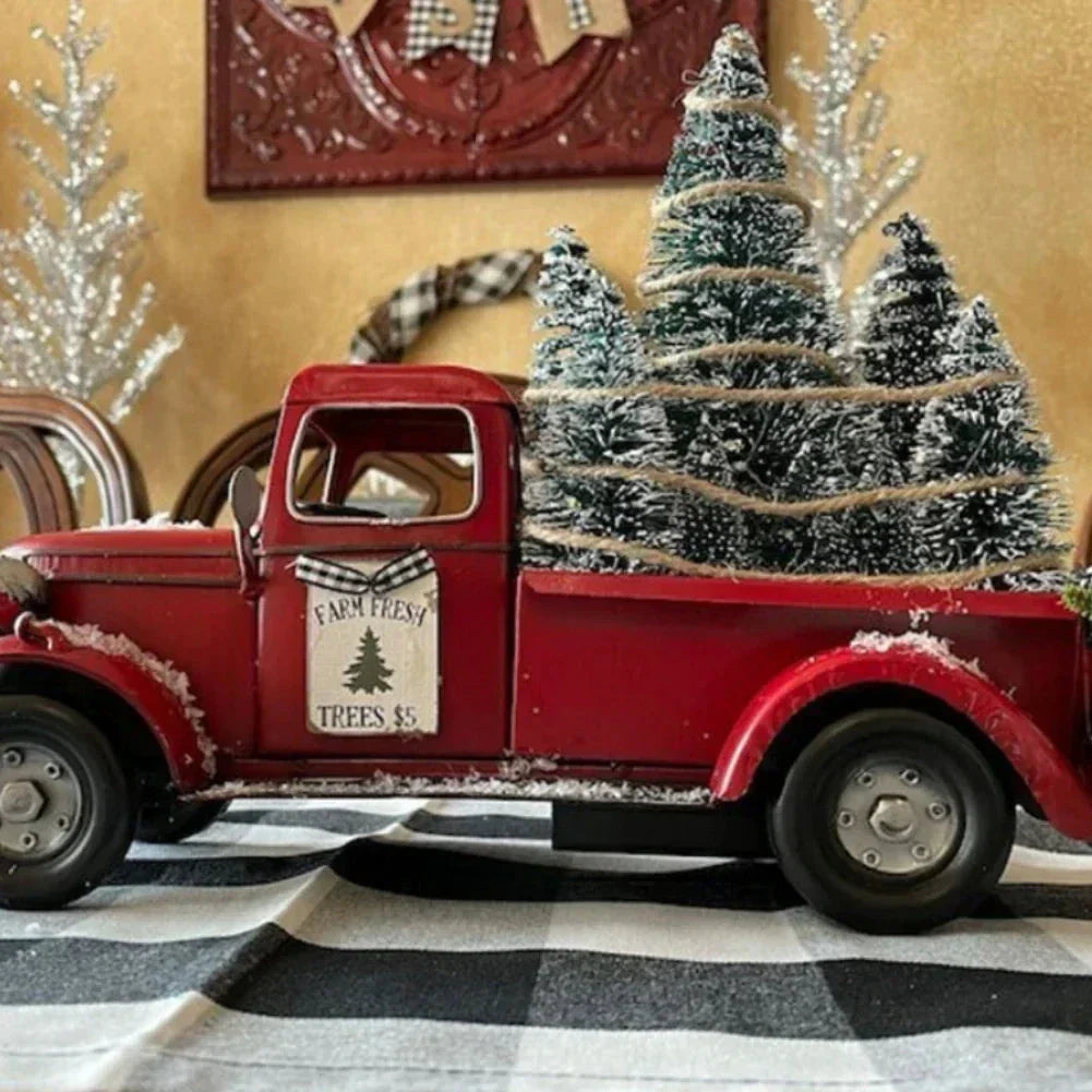 Red Truck Tabletop Christmas Decoration with Bottle Brush Trees and LED Lights