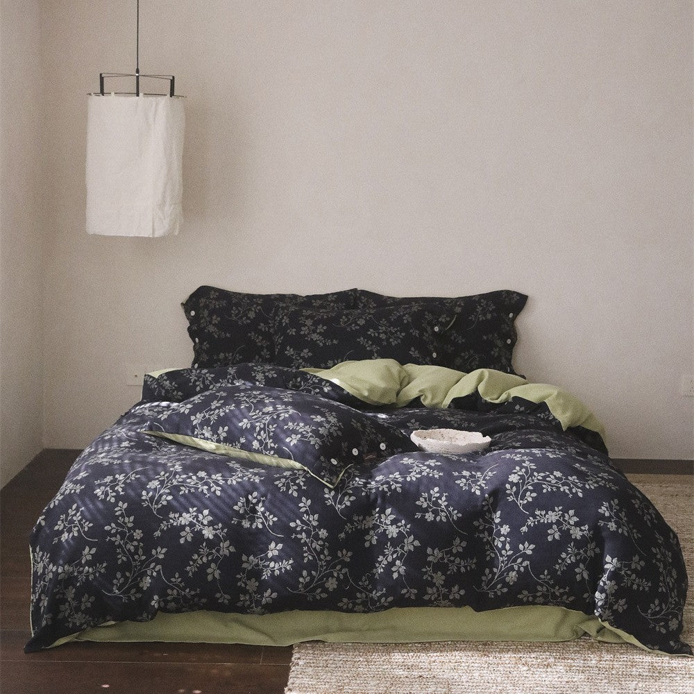 Reversible Cotton Sateen Duvet Cover Set with All-Over Botanical Print and Contrast Reverse