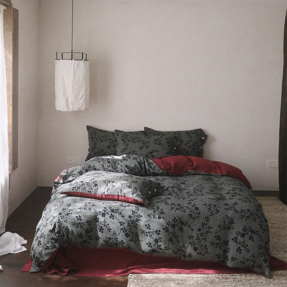Reversible Cotton Sateen Duvet Cover Set with All-Over Botanical Print and Contrast Reverse