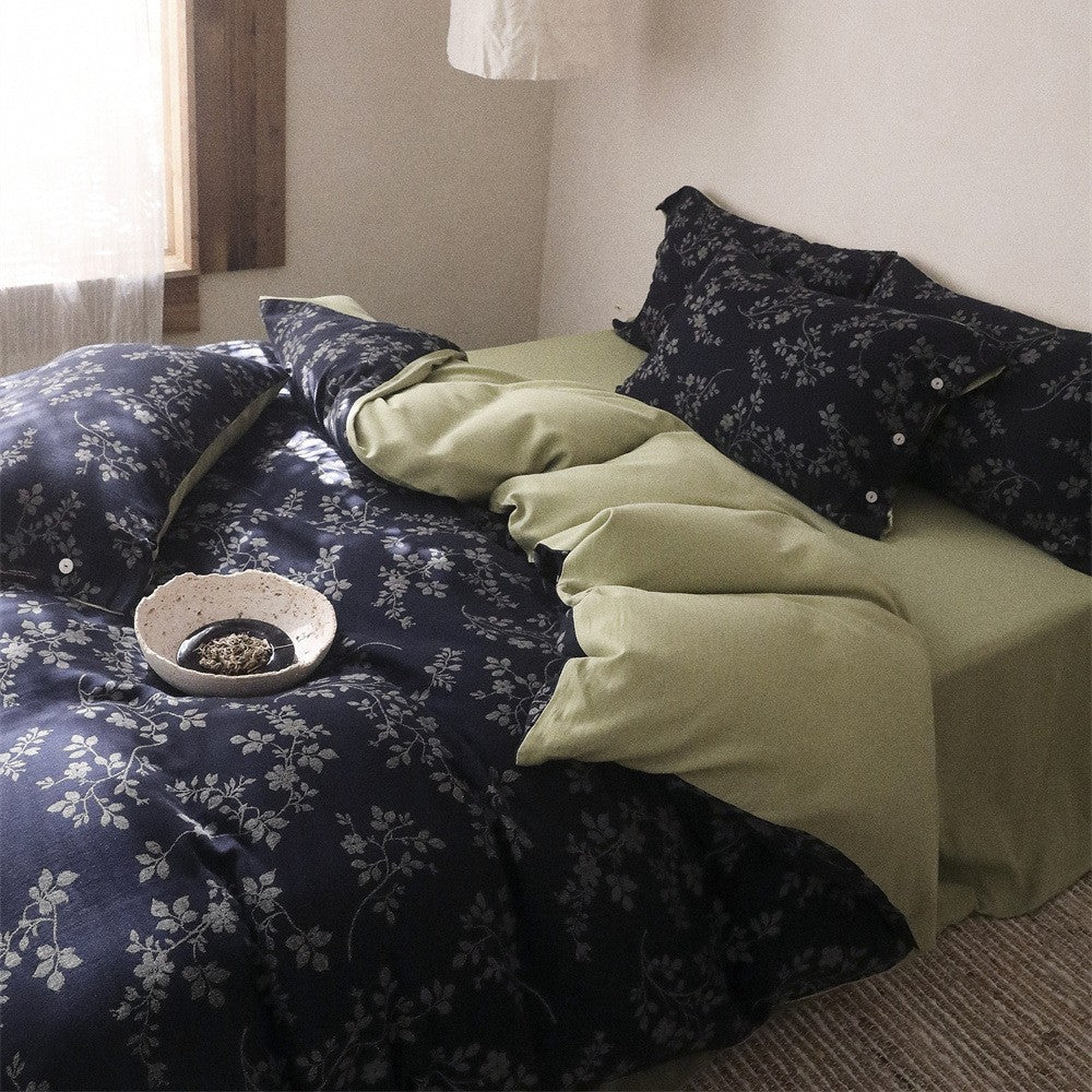 Reversible Cotton Sateen Duvet Cover Set with All-Over Botanical Print and Contrast Reverse