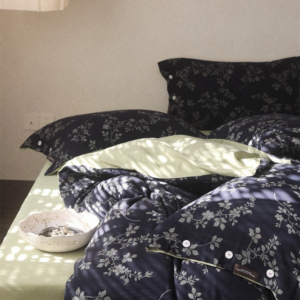 Reversible Cotton Sateen Duvet Cover Set with All-Over Botanical Print and Contrast Reverse
