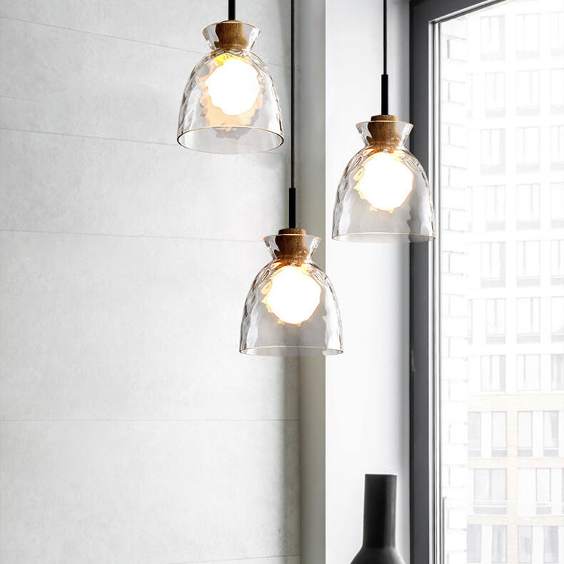 Rippled Glass Pendant Light - Solid Wood Accent - Modern 1-Light Hanging Lamp - Image 1