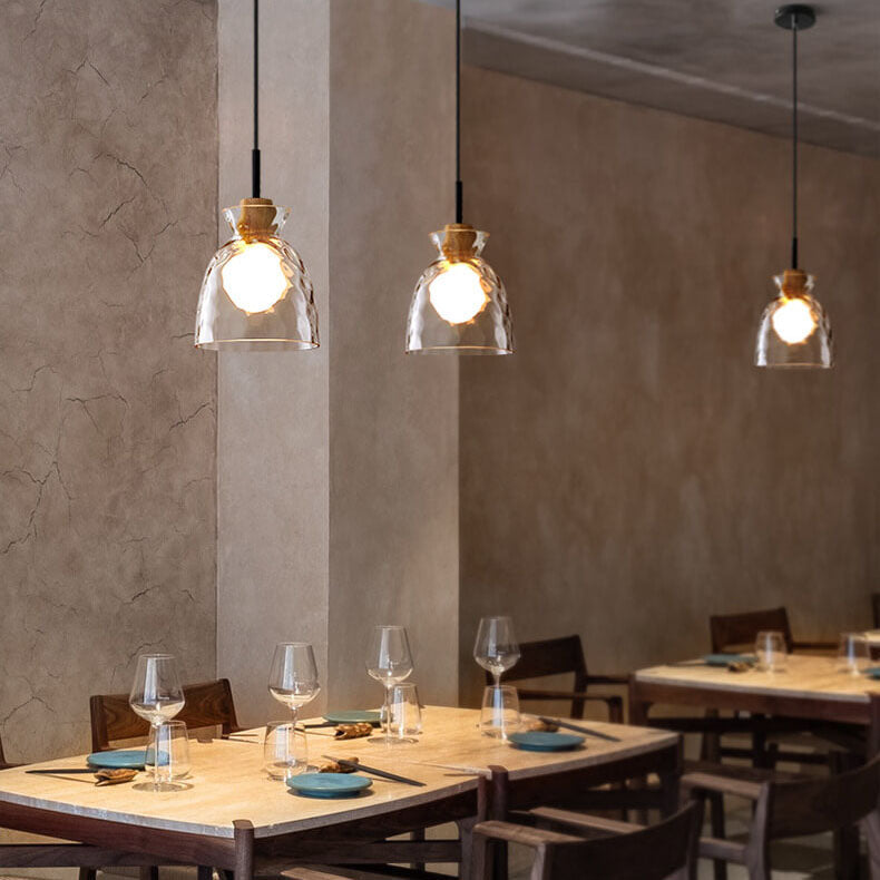 Rippled Glass Pendant Light - Solid Wood Accent - Nordic Style LED - Single Light Fixture - Image 2